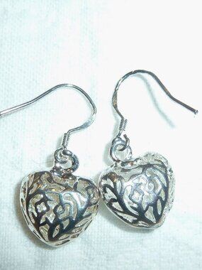 Vintage Sterling Silver Heart Earrings With Detailed Filigree Design
